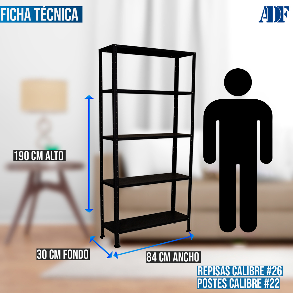 ADF Estante Anaquel Metálico con 5 Repisas Ajustable 190x84x30cm Organizador Color Negro Carga 250kg