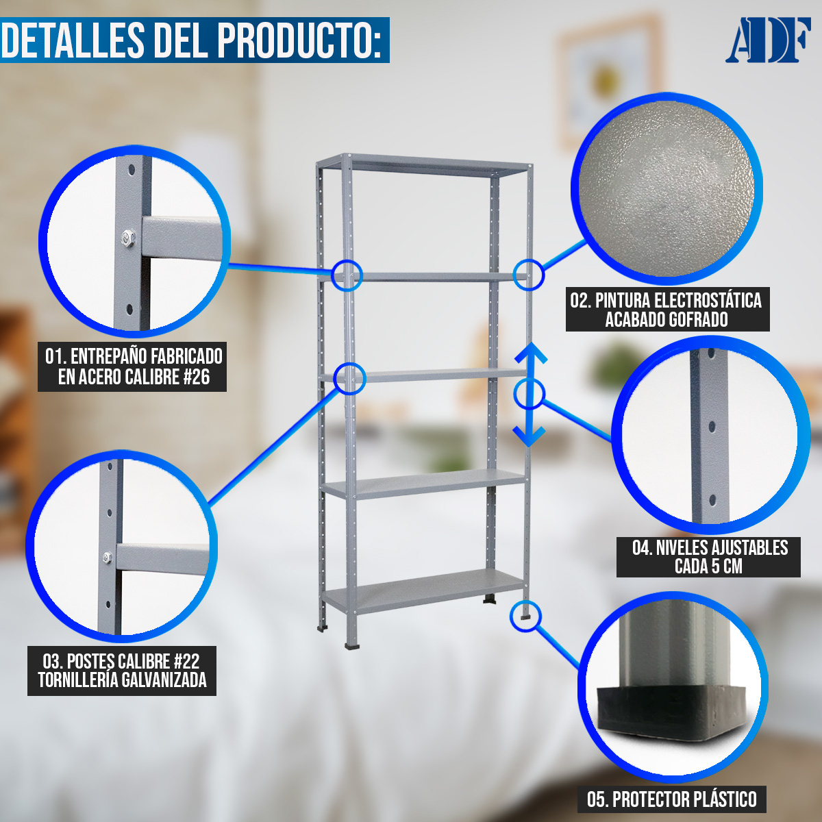  ADF Estante Anaquel Metálico con 5 Repisas Ajustable 190x84x30cm Organizador Color Gris Carga 250kg 