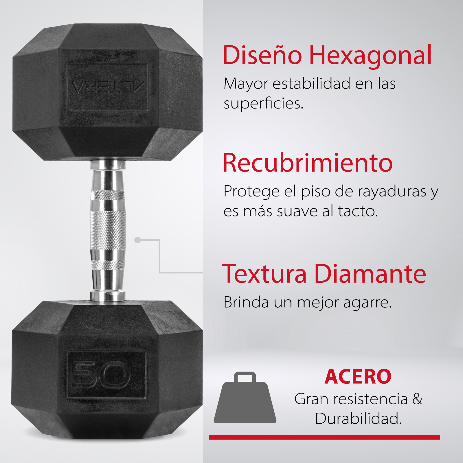 Altera Mancuerna Hexagonal de acero 50 Lbs para gym, ejercicos en casa y crossfit.
