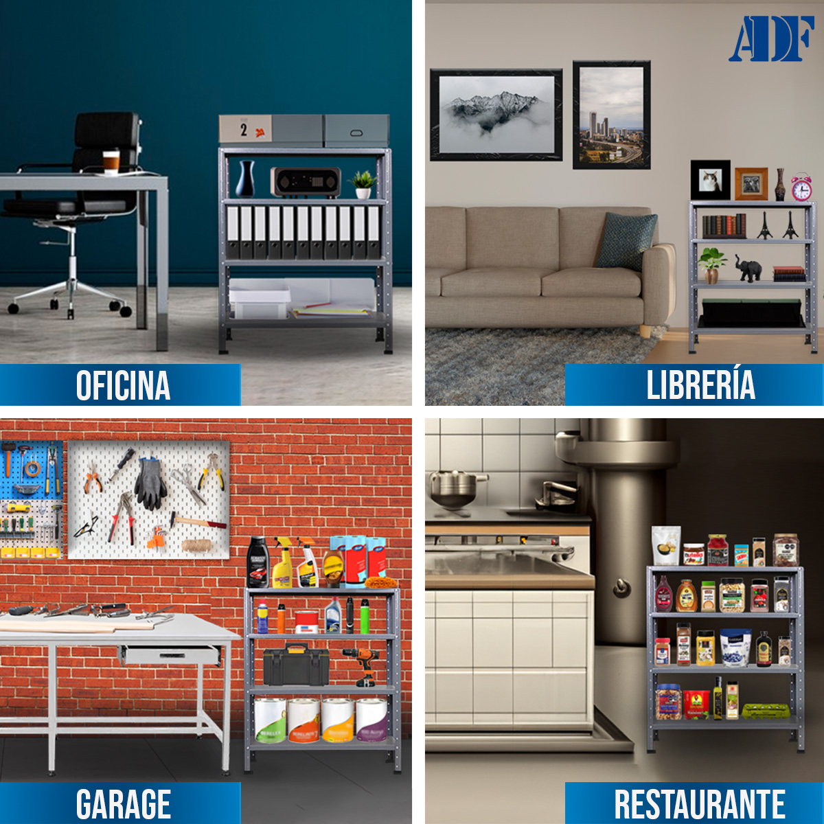 ADF Estante Anaquel Metálico con 4 Repisas Ajustable 100x84x30cm Organizador Color Gris, Carga 200Kg