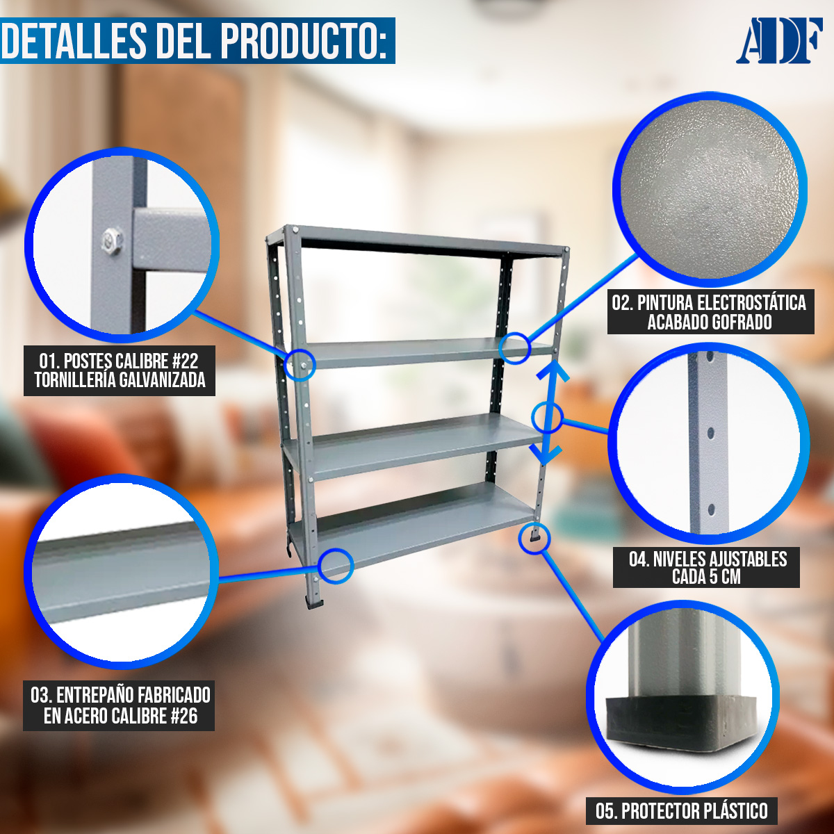 ADF Estante Anaquel Metálico con 4 Repisas Ajustable 100x84x30cm Organizador Color Gris, Carga 200Kg