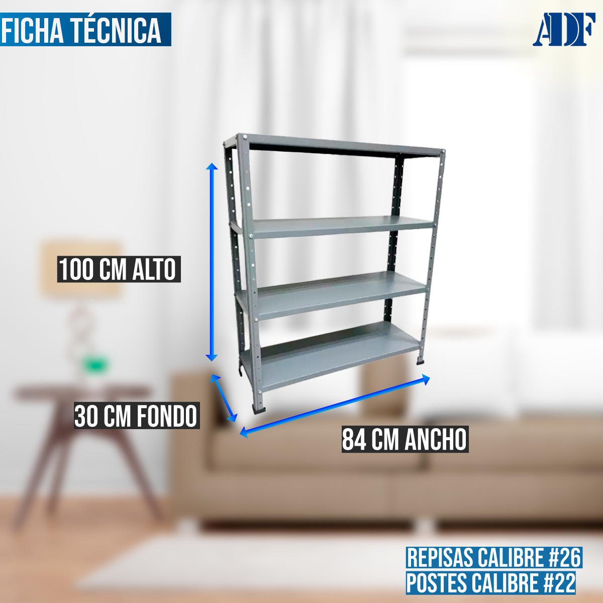 ADF Estante Anaquel Metálico con 4 Repisas Ajustable 100x84x30cm Organizador Color Gris, Carga 200Kg