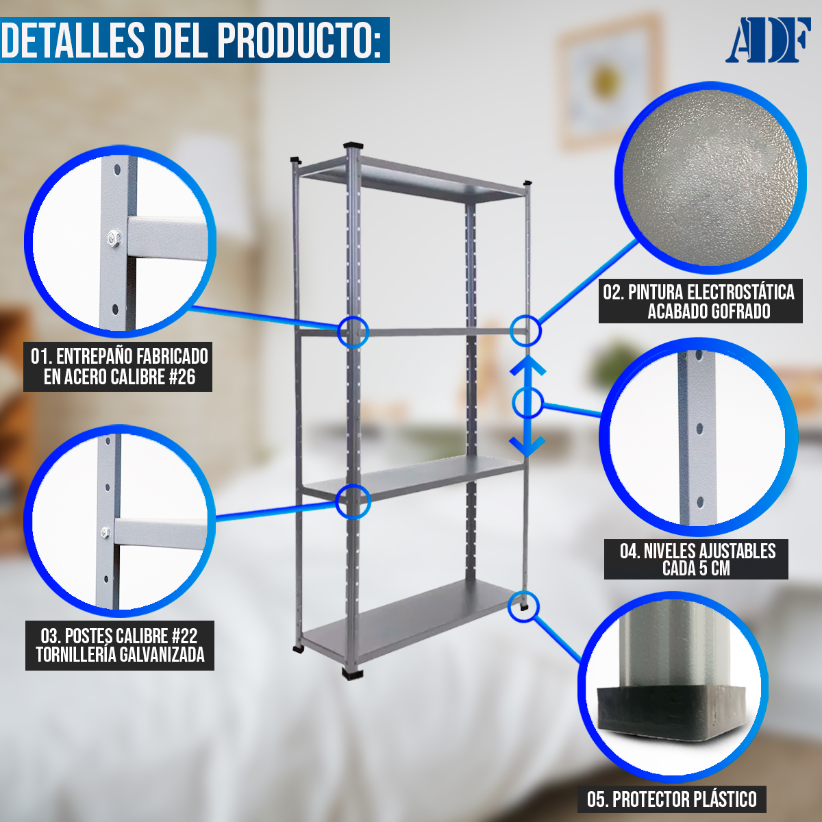 ADF Estante Anaquel Metálico con 4 Repisas Ajustable 190x84x30cm Organizador Color Gris Carga 200kg