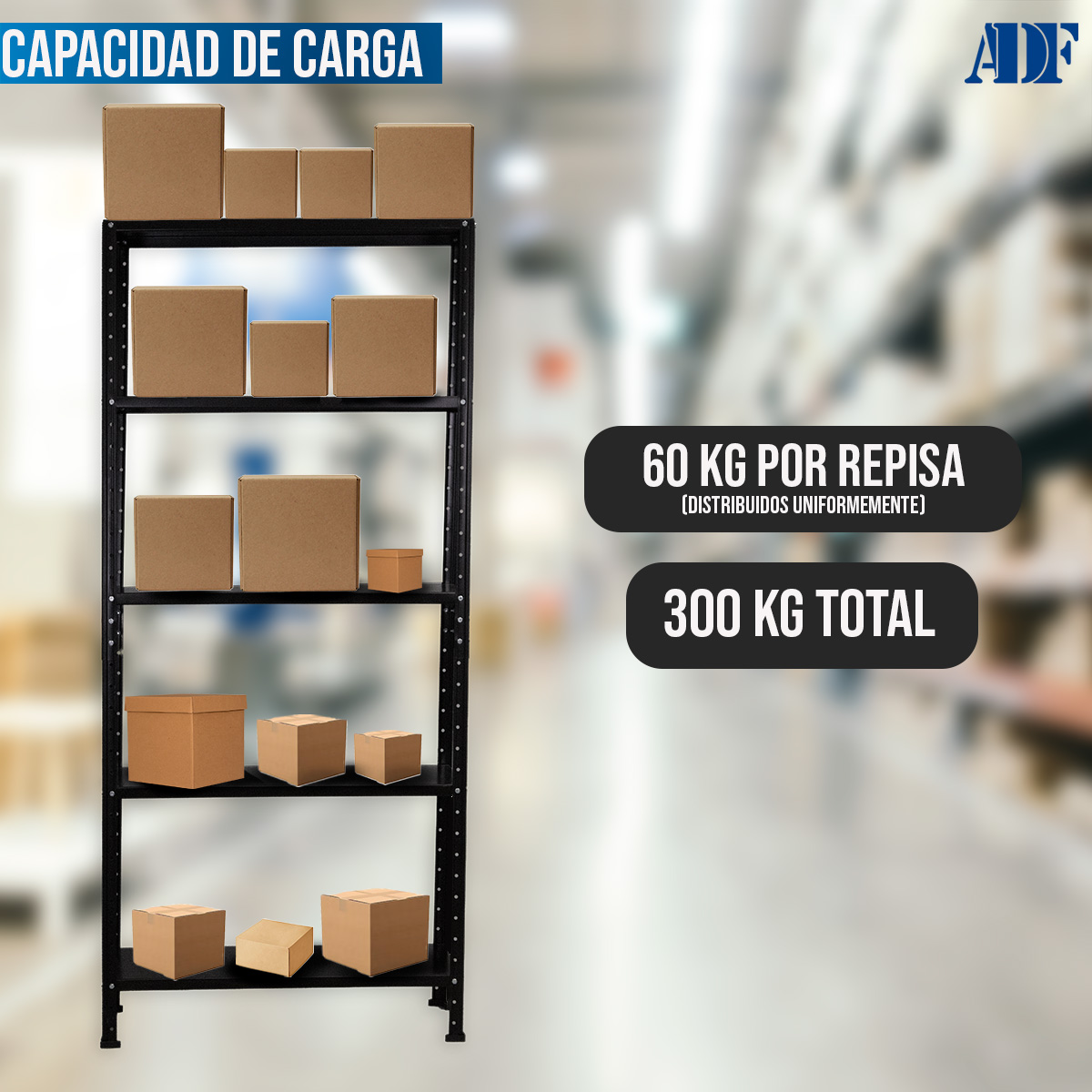 ADF Estante Anaquel Metálico con 5 Repisas Ajustable 190x84x45cm Organizador Color Negro, Carga 300Kg