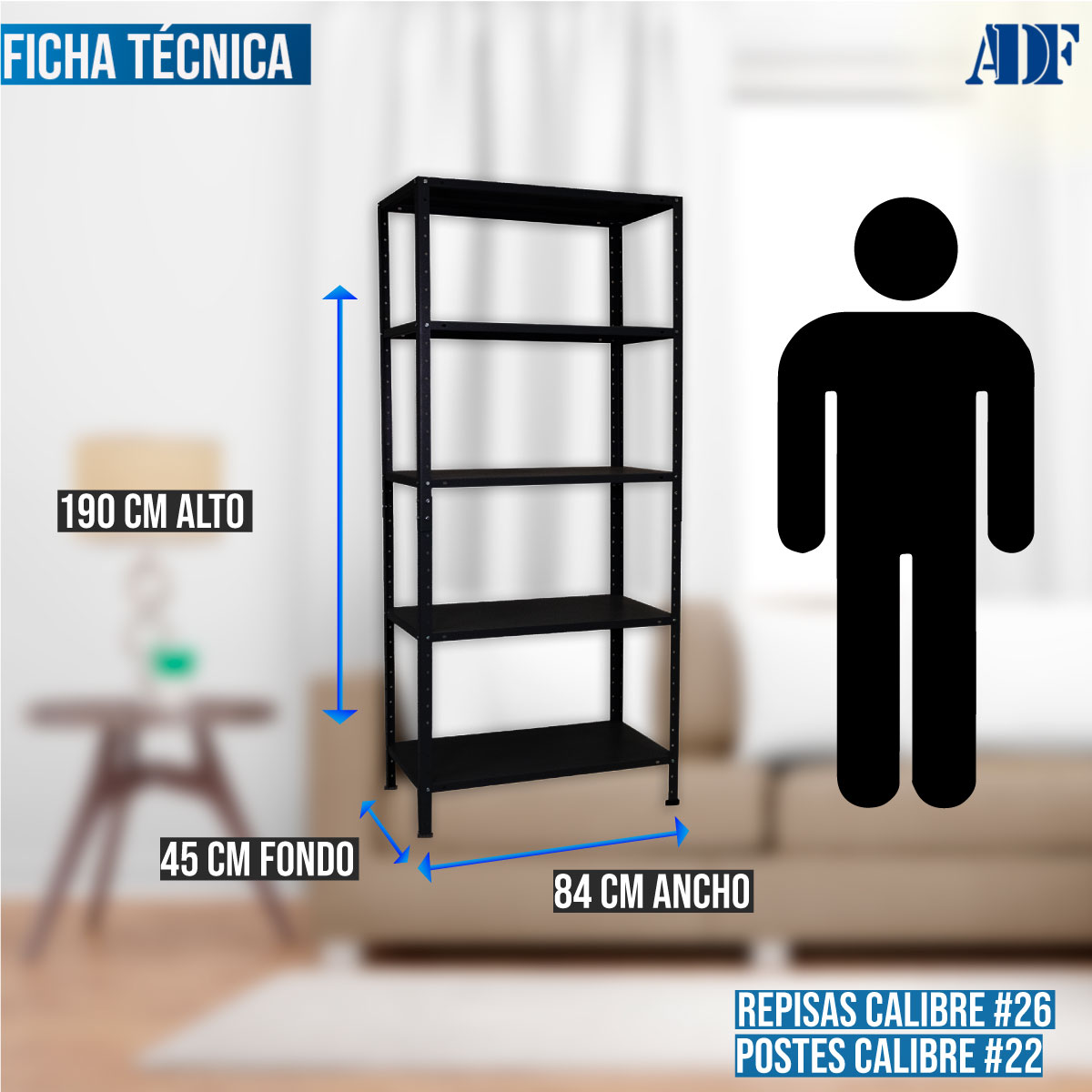 ADF Estante Anaquel Metálico con 5 Repisas Ajustable 190x84x45cm Organizador Color Negro, Carga 300Kg