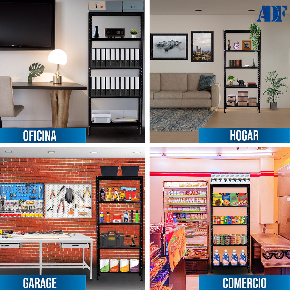 ADF Estante Anaquel Metálico con 5 Repisas Ajustable 190x84x45cm Organizador Color Negro, Carga 300Kg