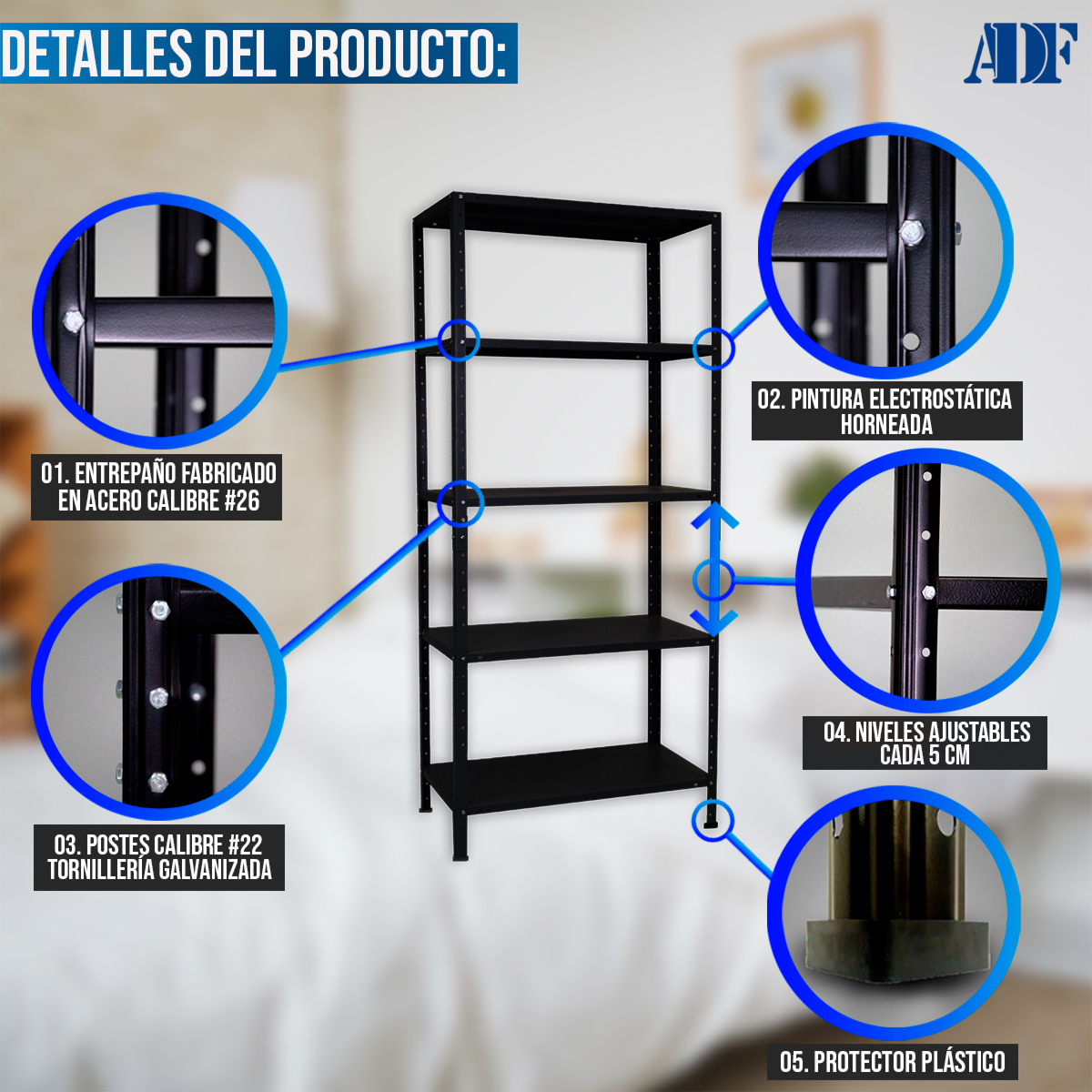 ADF Estante Anaquel Metálico con 5 Repisas Ajustable 190x84x45cm Organizador Color Negro, Carga 300Kg