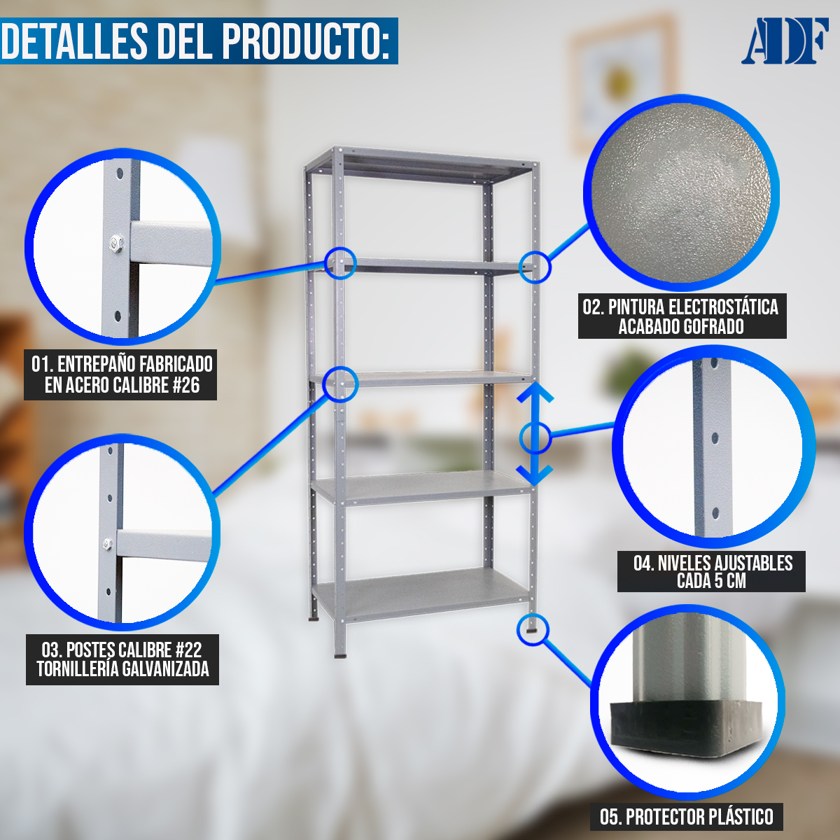 ADF Estante Anaquel Metálico con 5 Repisas Ajustable 190x84x45cm Organizador Color Gris, Carga 300Kg