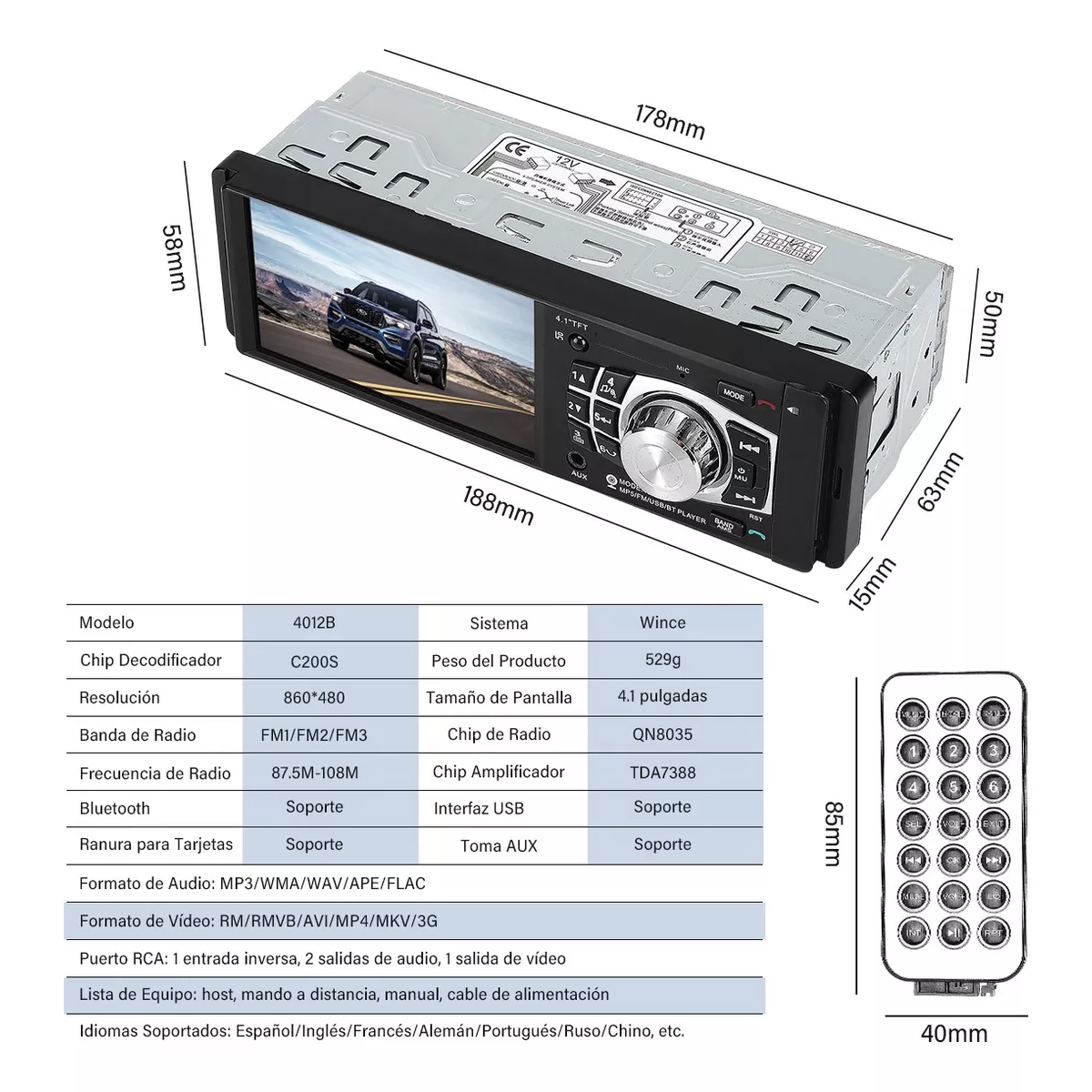 Auto Estéreo Bluetooth, Reproductor Mp5/mp4/mp3 Para Coche