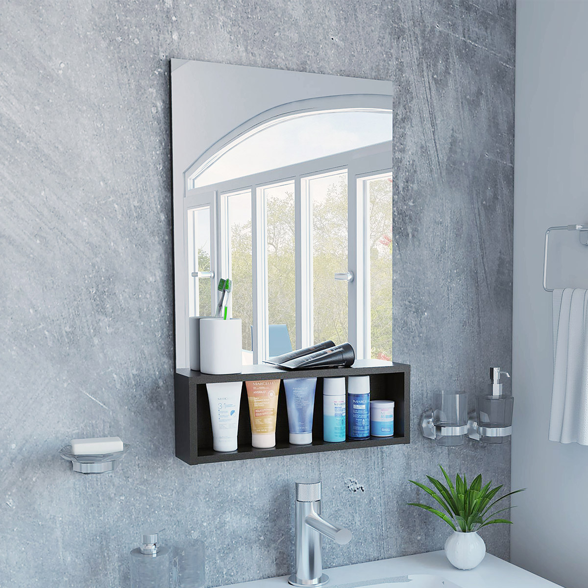 ESPEJO DE BAÑO CON REPISA ARMABLE MODELO BOLTON