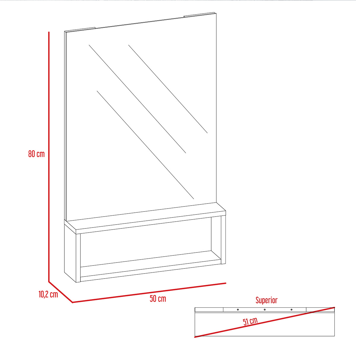 ESPEJO DE BAÑO CON REPISA ARMABLE MODELO BOLTON