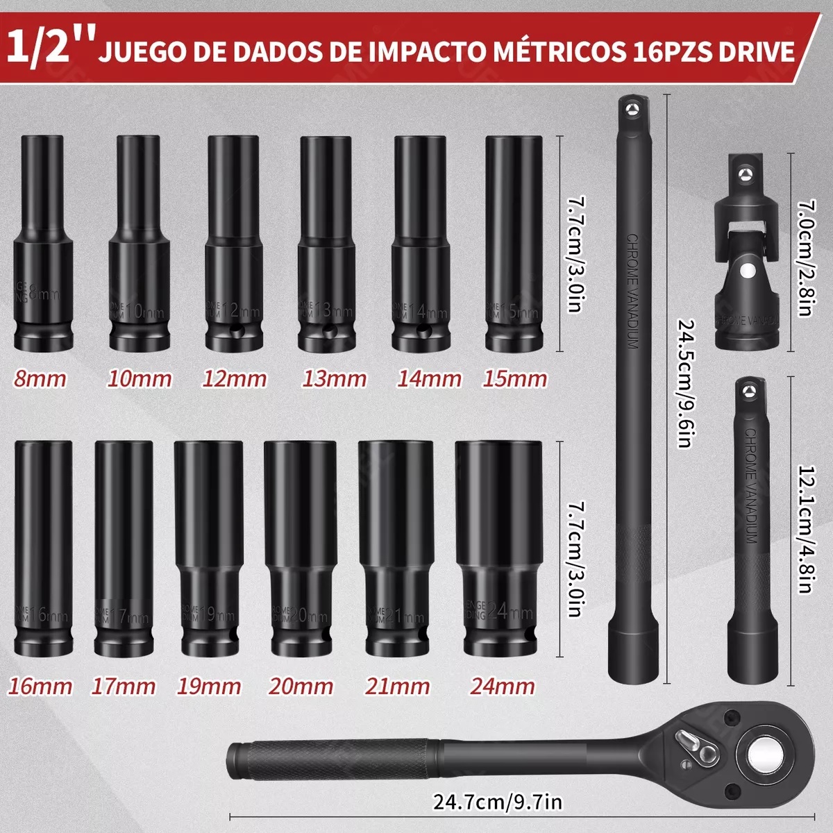 Juego De Dados Alto Impacto De Aire De 1/2 16 Piezas Negro