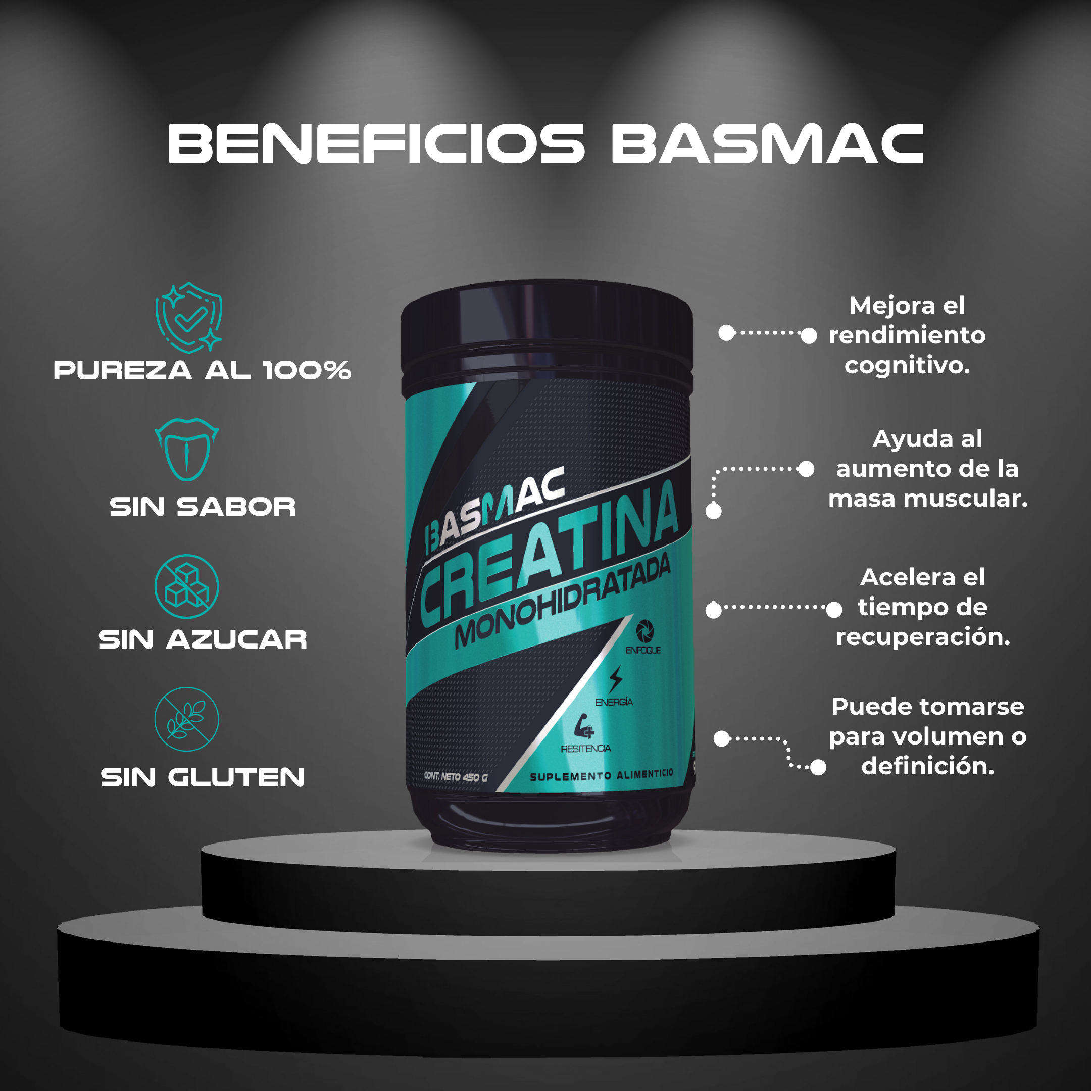 BASMAC Creatina de Alta Pureza sin Sabor | 450g | 90 Porciones