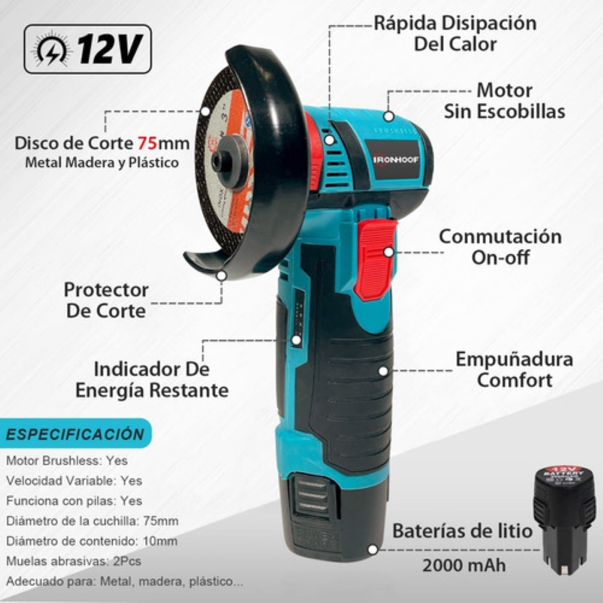 Mini Esmeril Angular Inalámbrica Pulidora 12v 75mm 2 Batería Azul/Negro