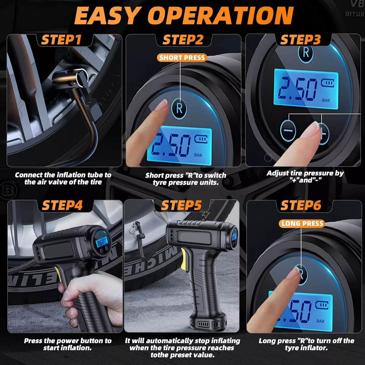 Compresor Inflador Llantas Para Auto Lcd Bomba Aire Portátil
