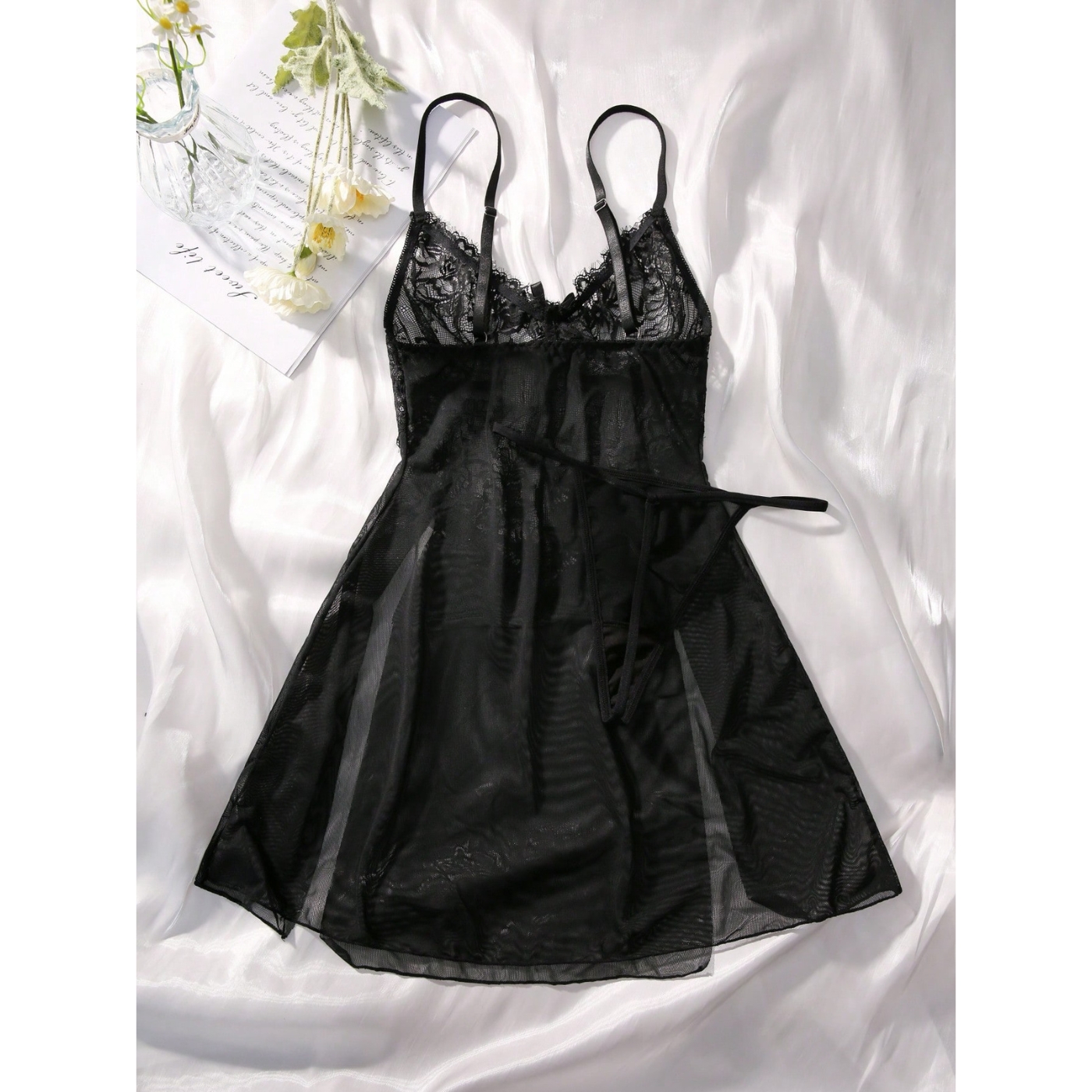 Camisón para dormir con encaje en contraste de malla con braga para mujer