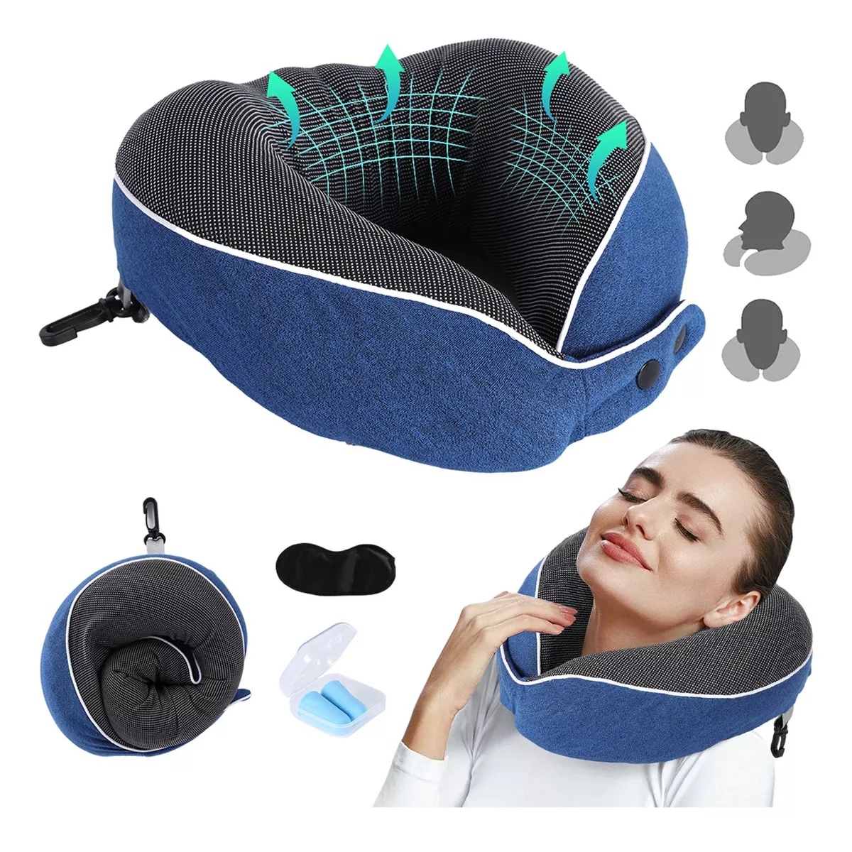 Cojín De Cuello Cómodo, Almohada Viaje Espuma Viscoelástica Azul