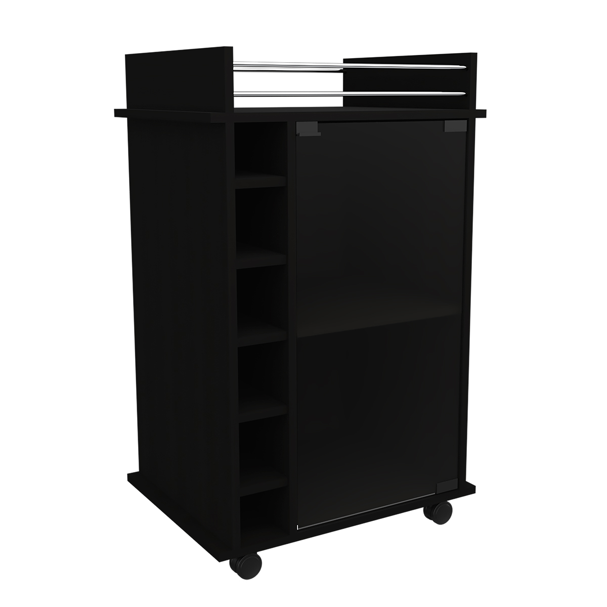 CARRITO BAR ARMABLE CON RUEDAS , ESPACIOSPARA BOTELLAS Y PUERTA DE VIDRIO MODELO DUKAT COLOR CAFE