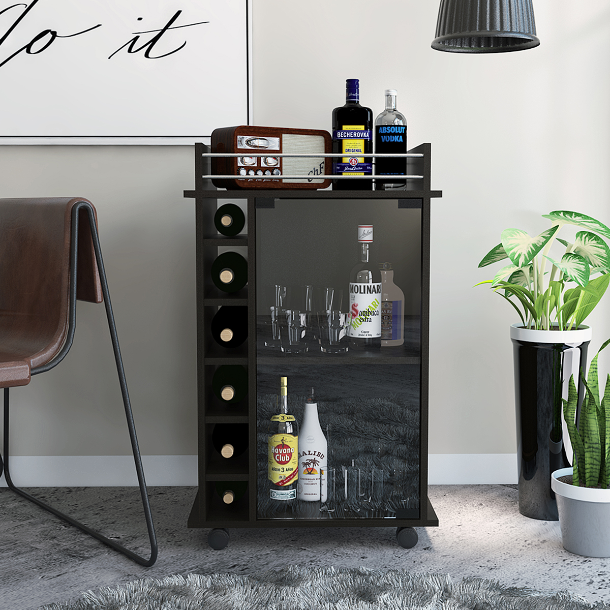 CARRITO BAR ARMABLE CON RUEDAS , ESPACIOSPARA BOTELLAS Y PUERTA DE VIDRIO MODELO DUKAT COLOR CAFE