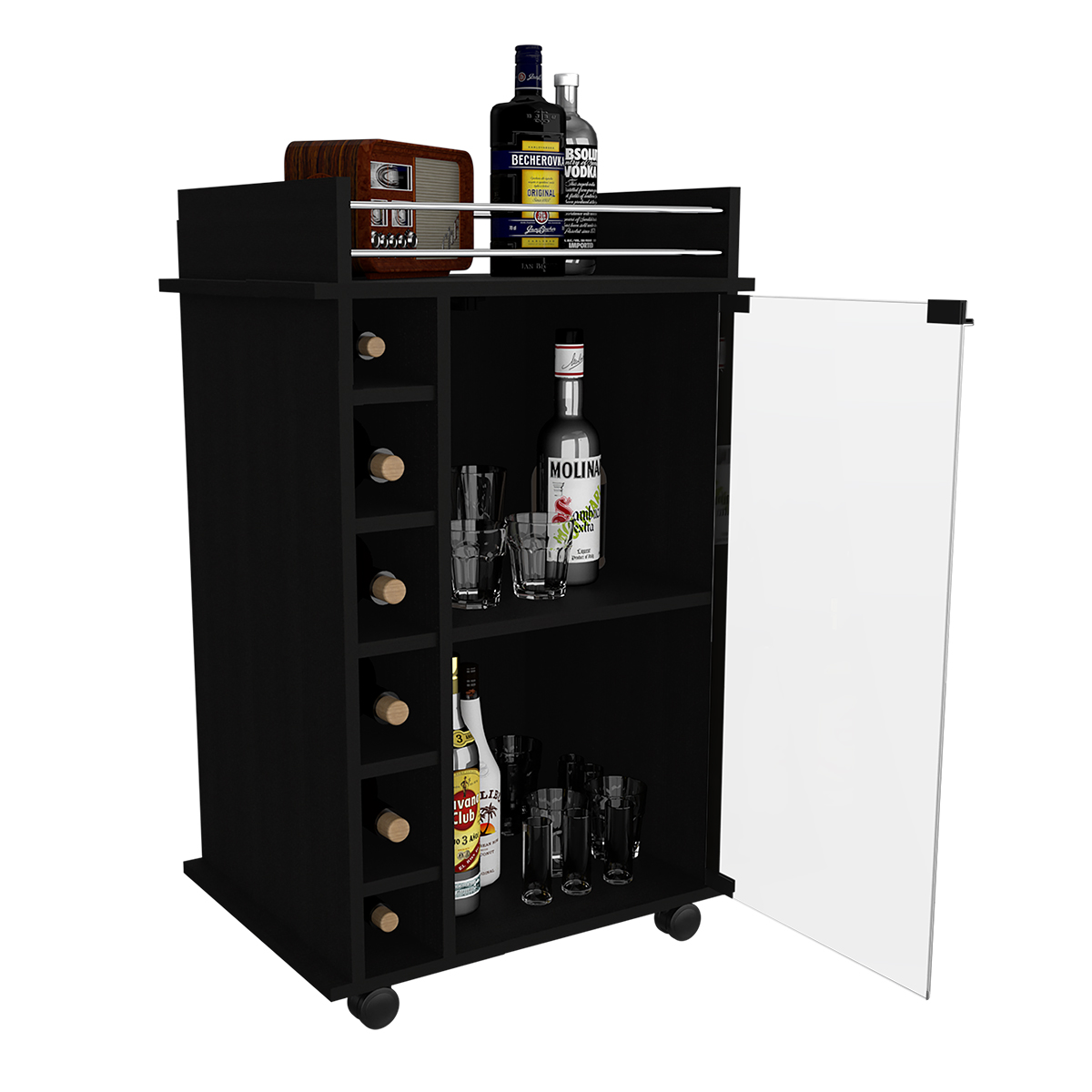 CARRITO BAR ARMABLE CON RUEDAS , ESPACIOSPARA BOTELLAS Y PUERTA DE VIDRIO MODELO DUKAT COLOR CAFE