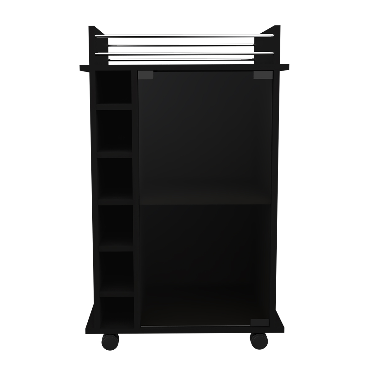 CARRITO BAR ARMABLE CON RUEDAS , ESPACIOSPARA BOTELLAS Y PUERTA DE VIDRIO MODELO DUKAT COLOR CAFE