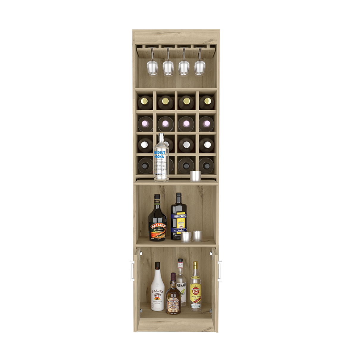 MUEBLE ESTANTE DE BAR ARMABLE MODELO KAVA CON ENTREPAÑOS PUERTAS, MESITA DESLIZABLE, PORTACOPAS COLOR BEIGE