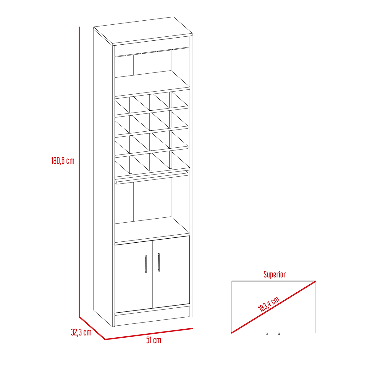MUEBLE ESTANTE DE BAR ARMABLE MODELO KAVA CON ENTREPAÑOS PUERTAS, MESITA DESLIZABLE, PORTACOPAS COLOR BEIGE