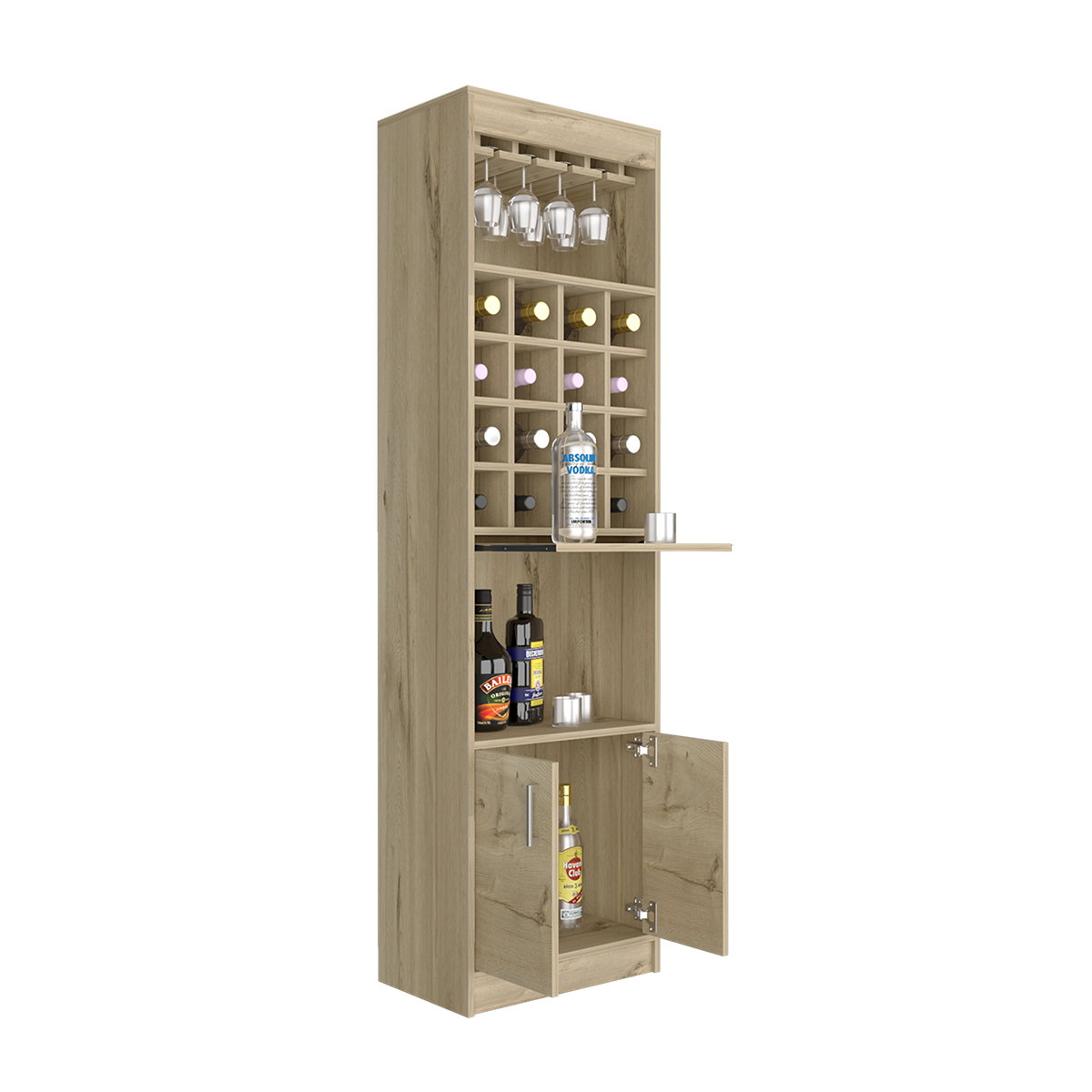 MUEBLE ESTANTE DE BAR ARMABLE MODELO KAVA CON ENTREPAÑOS PUERTAS, MESITA DESLIZABLE, PORTACOPAS COLOR BEIGE