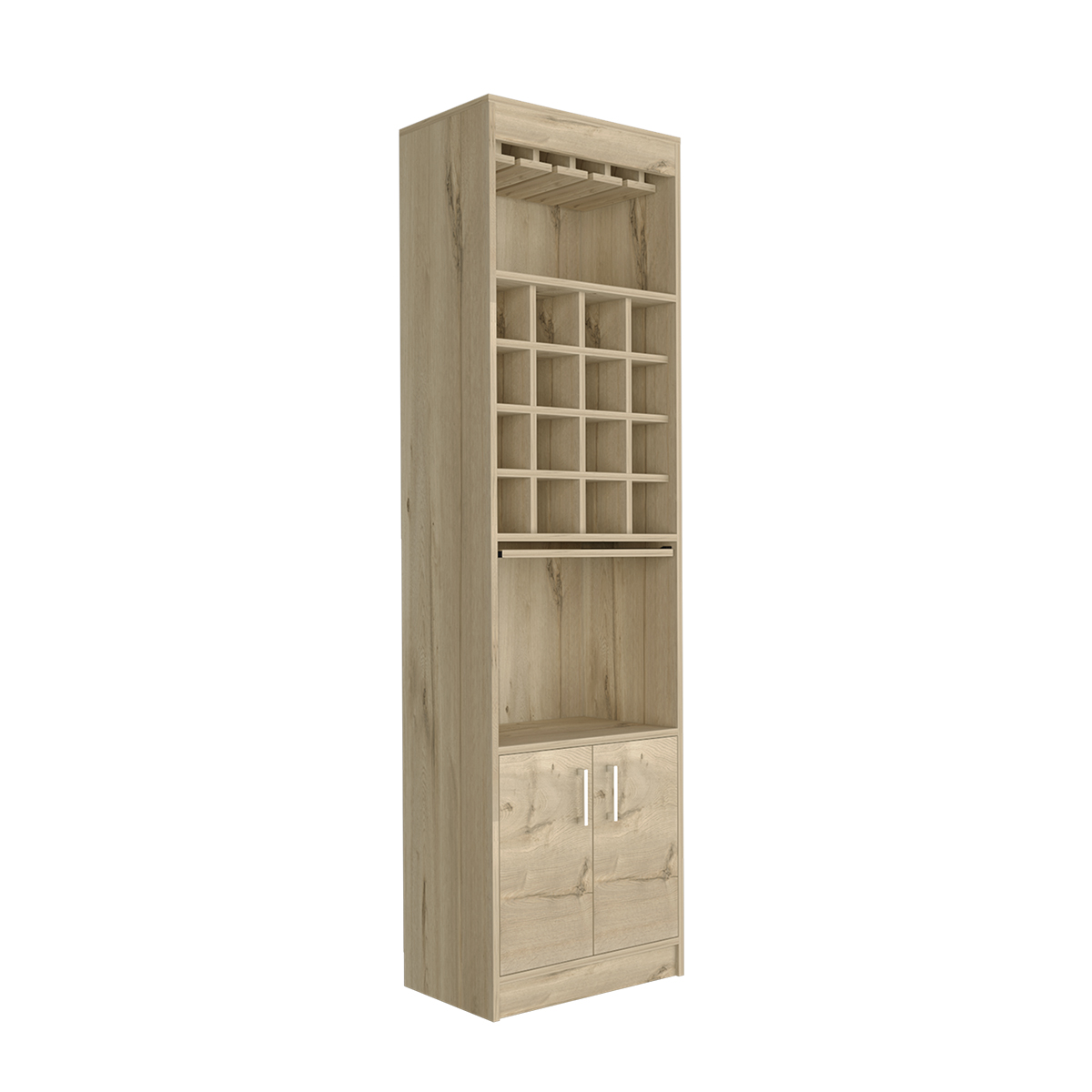 MUEBLE ESTANTE DE BAR ARMABLE MODELO KAVA CON ENTREPAÑOS PUERTAS, MESITA DESLIZABLE, PORTACOPAS COLOR BEIGE
