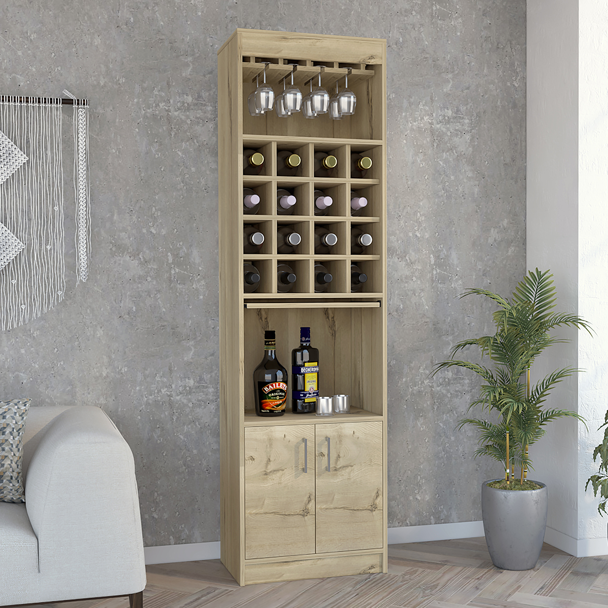 MUEBLE ESTANTE DE BAR ARMABLE MODELO KAVA CON ENTREPAÑOS PUERTAS, MESITA DESLIZABLE, PORTACOPAS COLOR BEIGE