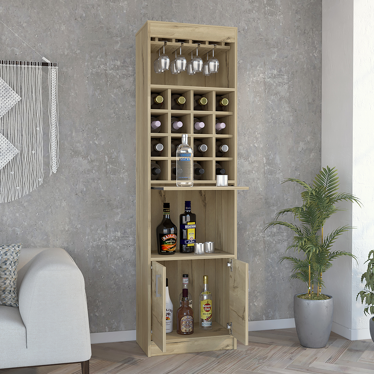 MUEBLE ESTANTE DE BAR ARMABLE MODELO KAVA CON ENTREPAÑOS PUERTAS, MESITA DESLIZABLE, PORTACOPAS COLOR BEIGE