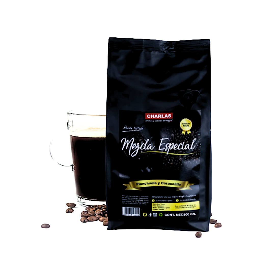 Café Mezcla Especial Charlas Café®. Planchuela y Caracolillo 500 grs. 100% Arábica. 