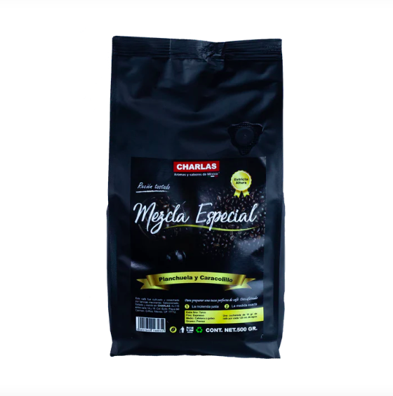 Café Mezcla Especial Charlas Café®. Planchuela y Caracolillo 500 grs. 100% Arábica. 