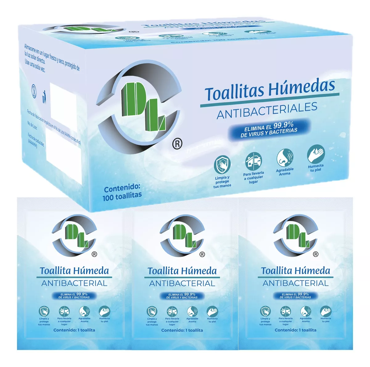 Toallitas Húmedas Antibacteriales individuales. Caja con 100 sobres. Limpia con agradable aroma, humecta la piel.