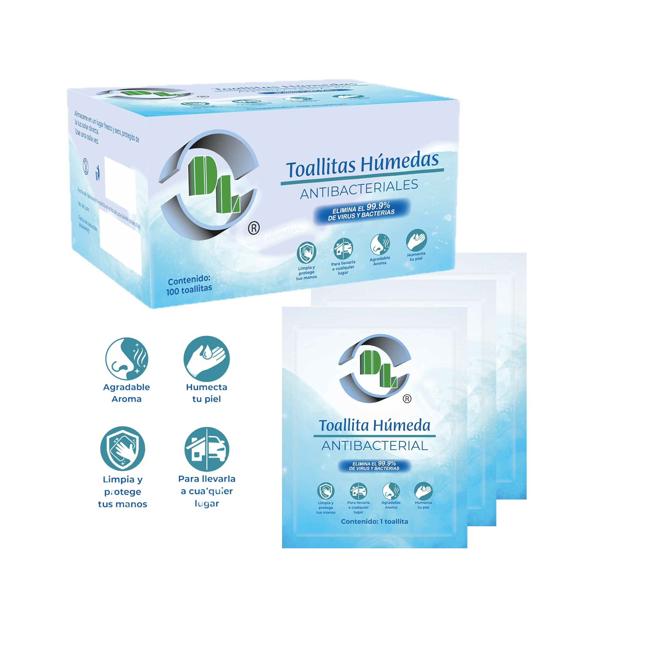Toallitas Húmedas Antibacteriales individuales. Caja con 100 sobres. Limpia con agradable aroma, humecta la piel.