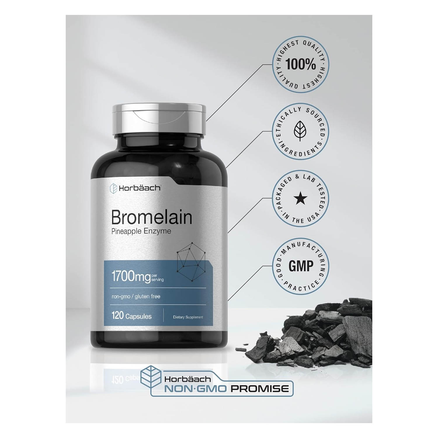 Bromelina 1700mg Horbäach 120 caps Suplemento de Enzimas de Piña Salud Digestiva