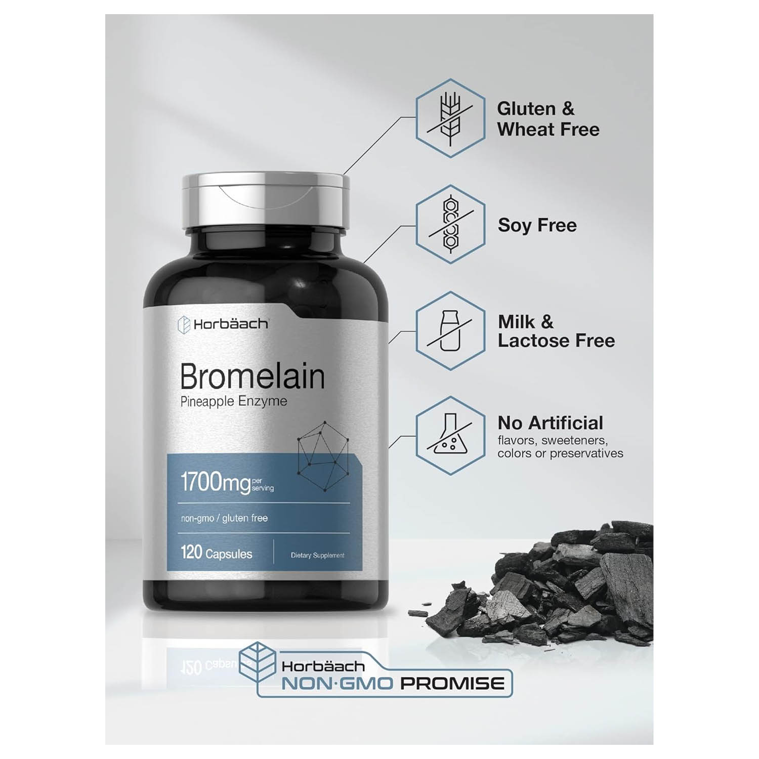 Bromelina 1700mg Horbäach 120 caps Suplemento de Enzimas de Piña Salud Digestiva