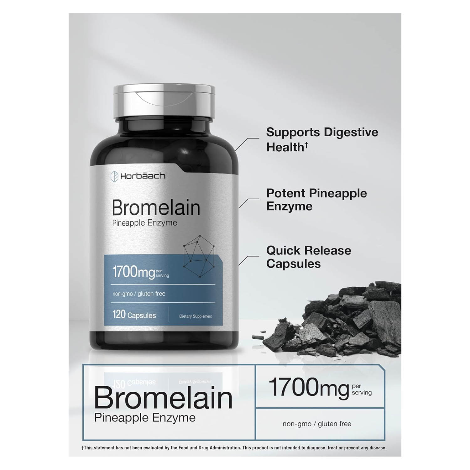 Bromelina 1700mg Horbäach 120 caps Suplemento de Enzimas de Piña Salud Digestiva