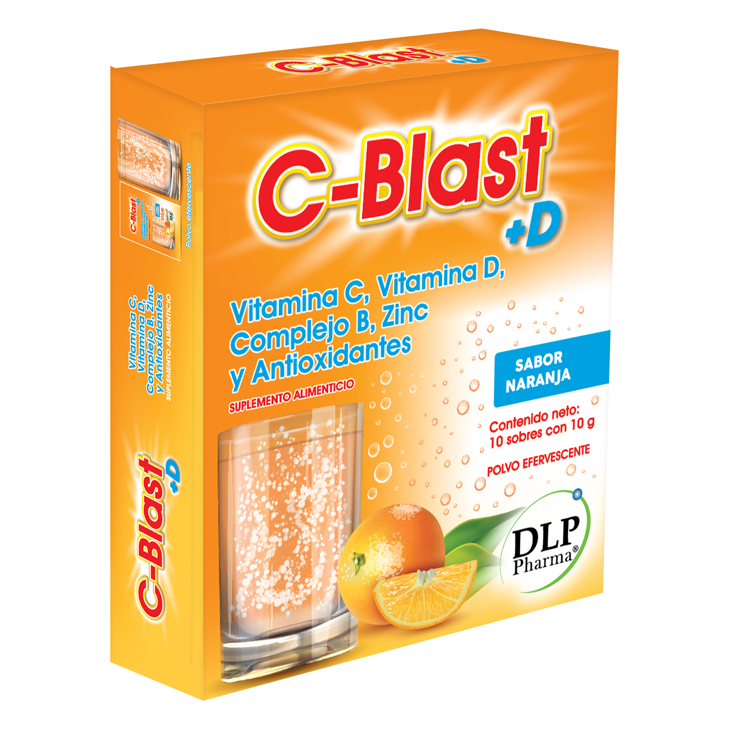 C-Blast+D, Vitamina C, Vitamina D, Complejo B, Zinc y Antioxidantes Polvo Efervescente Sabor Naranja (caja con 10 sobres)