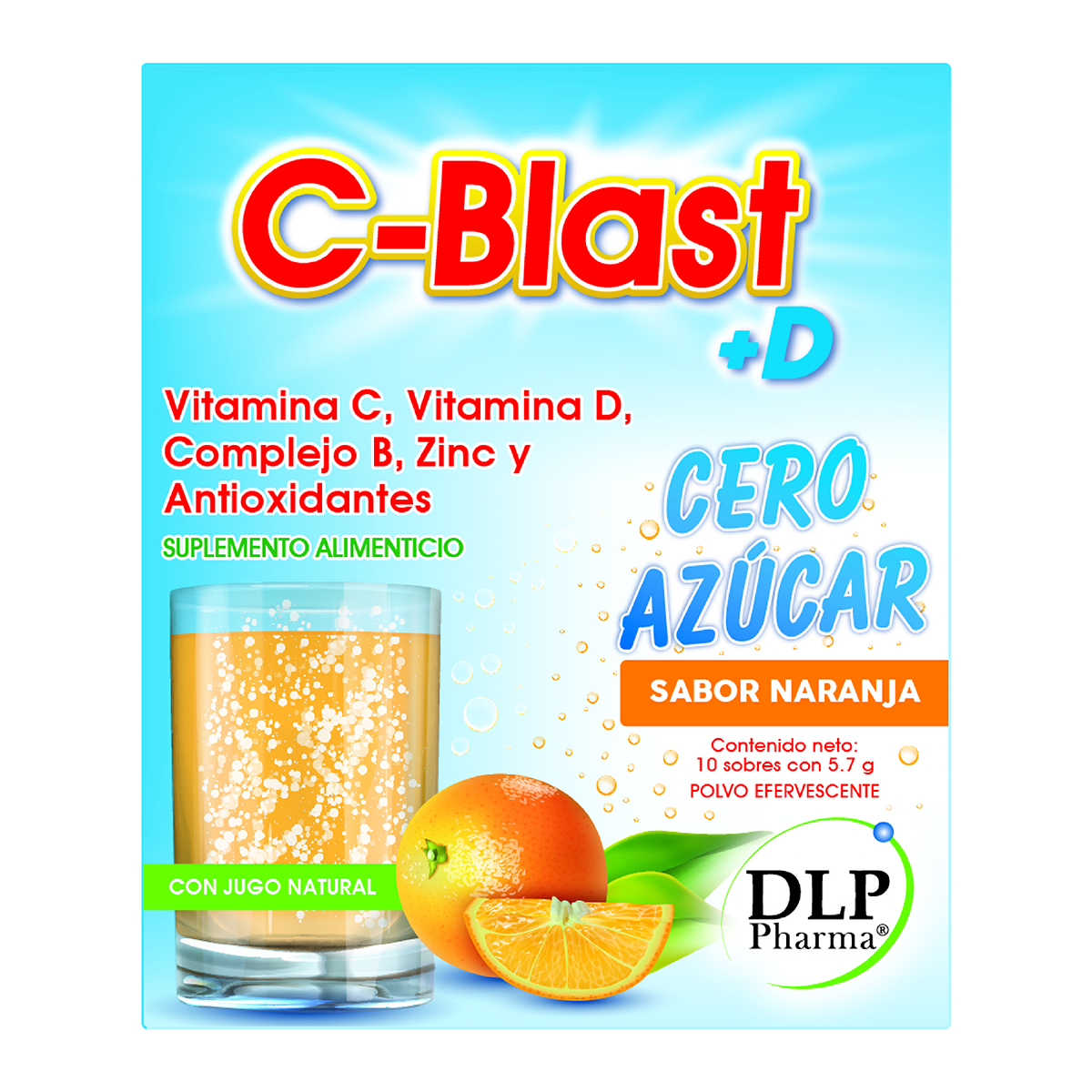 C-Blast+D Cero Azucar,  Vitamina C, Vitamina D, Complejo B, Zinc y Antioxidantes Polvo Efervescente Sabor Naranja (caja con 10 sobres)