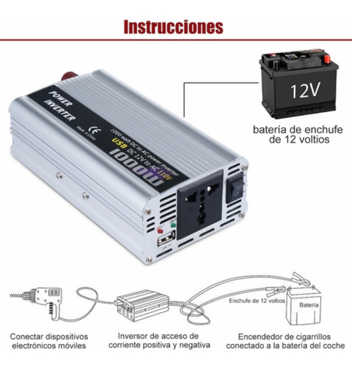 Convertidor De Corriente Auto Para Auto 1000w 12 A 110v Blanco