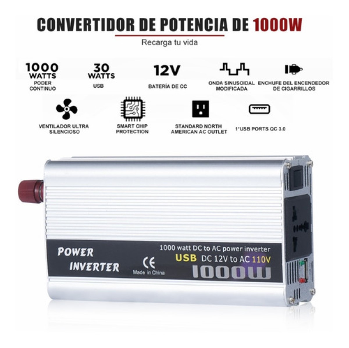 Convertidor De Corriente Auto Para Auto 1000w 12 A 110v Blanco