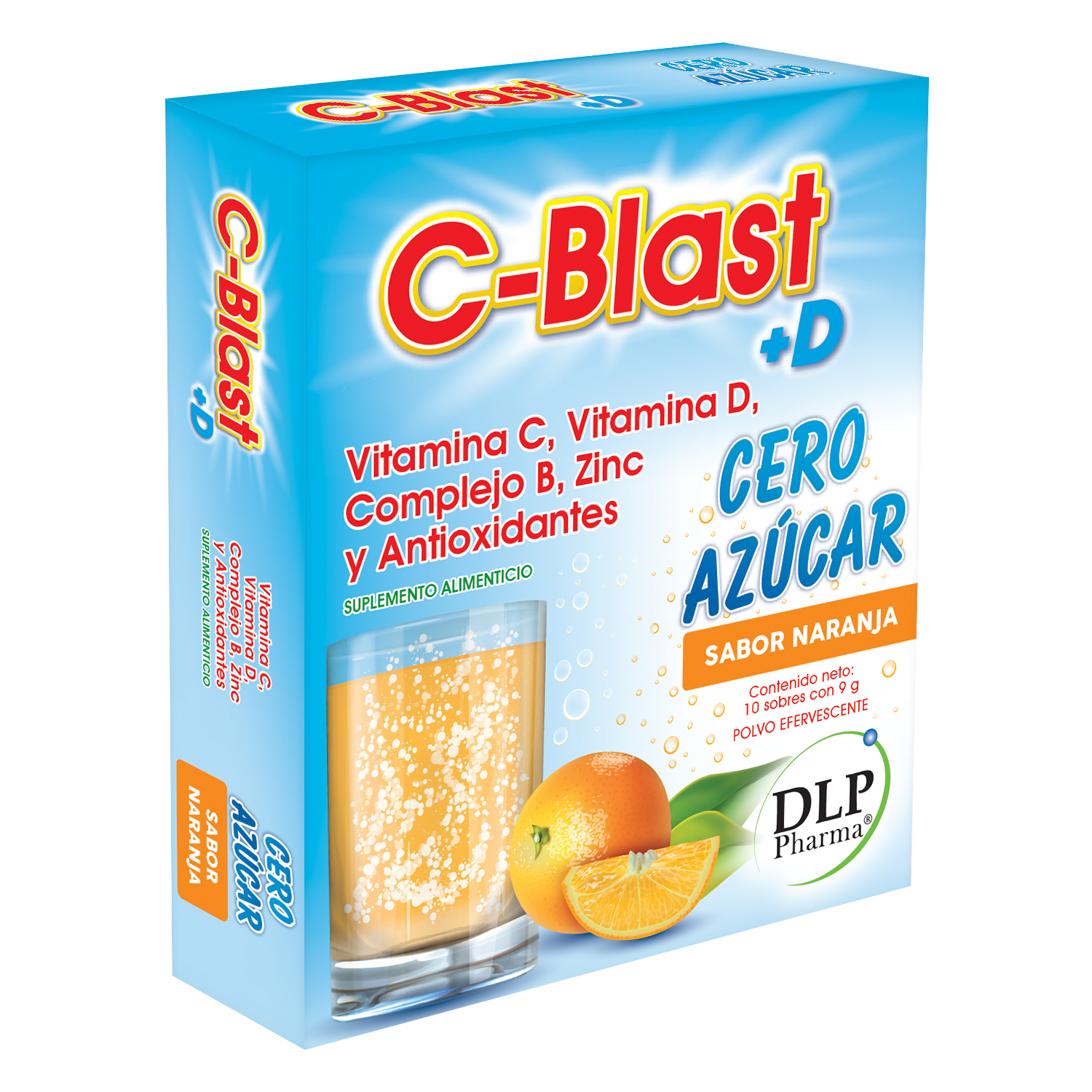 C-Blast+D Cero Azucar,  Vitamina C, Vitamina D, Complejo B, Zinc y Antioxidantes Polvo Efervescente Sabor Naranja (caja con 10 sobres)