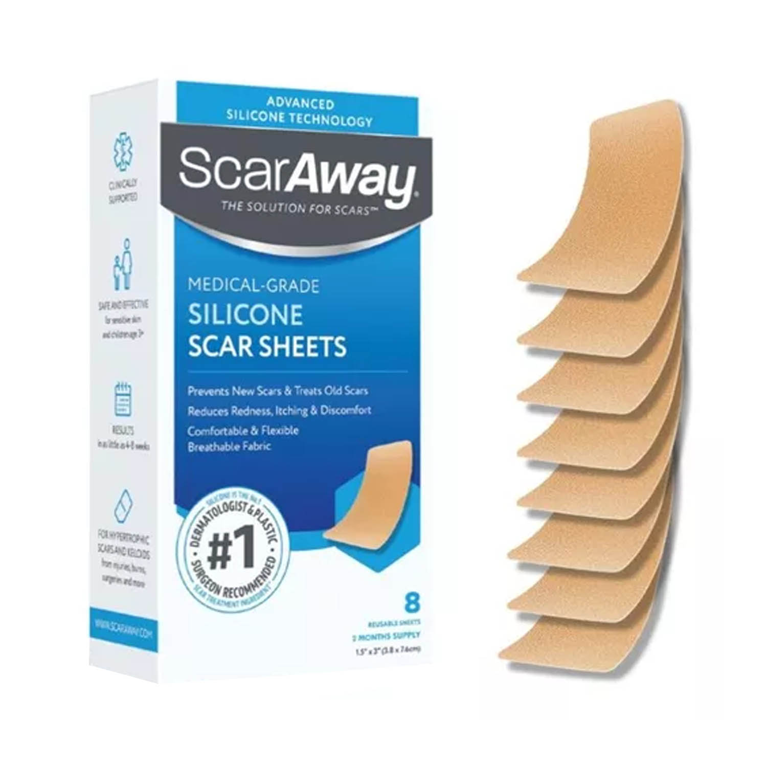 Parches Silicon Para Cicatrices Scaraway 3.8 x 7.6 cm con 8 parches elimina cicatrices