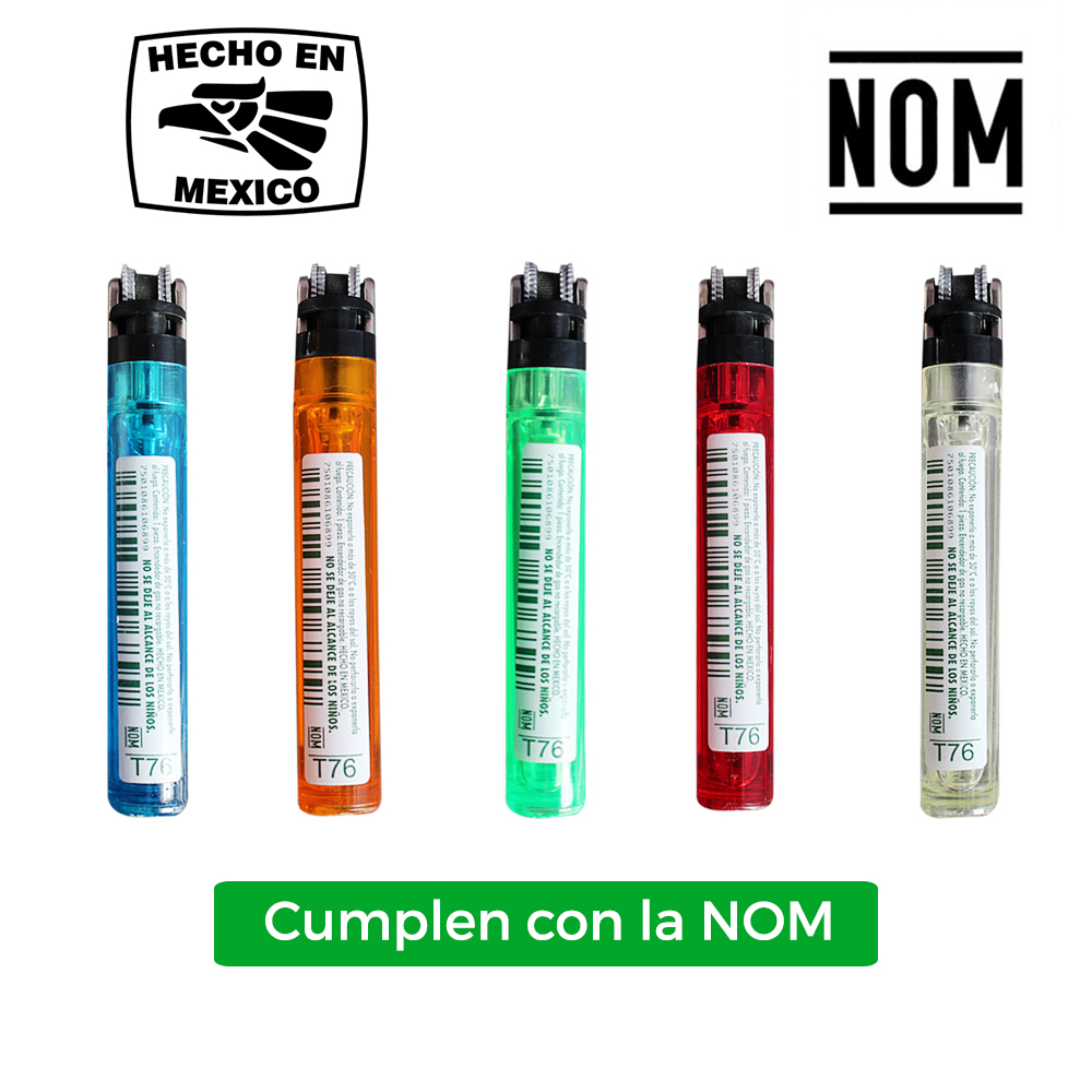 Encendedor TOKAI flama ajustable cuerpo de colores caja de 25 piezas cubre flama plata.