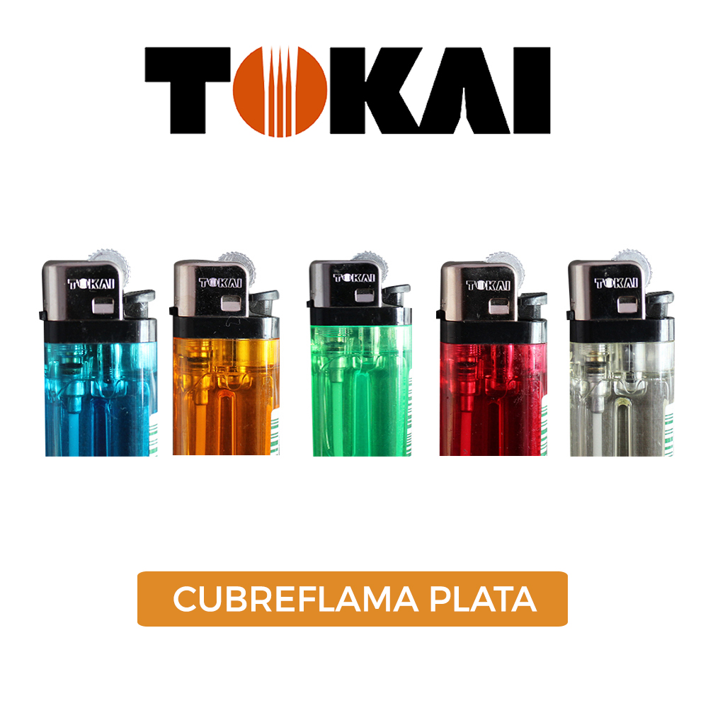 Encendedor TOKAI flama ajustable cuerpo de colores caja de 25 piezas cubre flama plata.