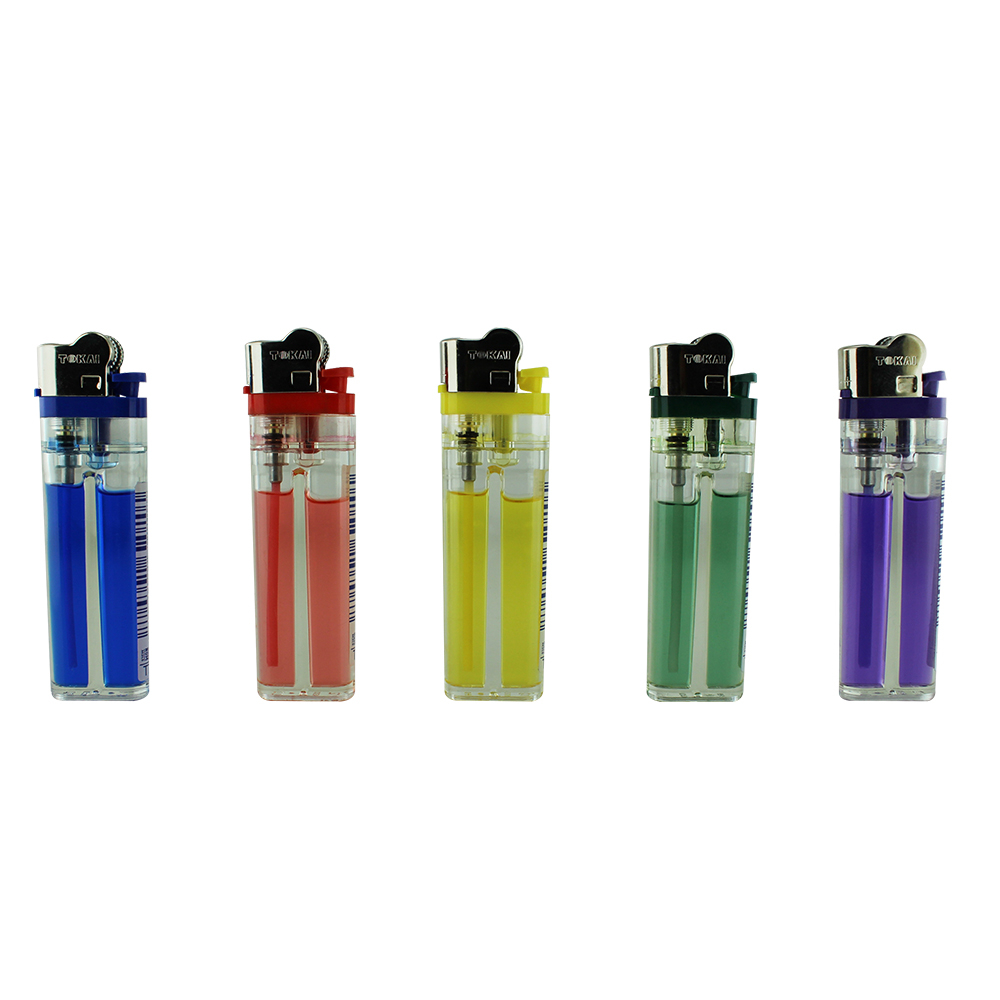 Encendedor TOKAI flama ajustable cuerpo transparente gas de color caja de 25 piezas cubre flama plata