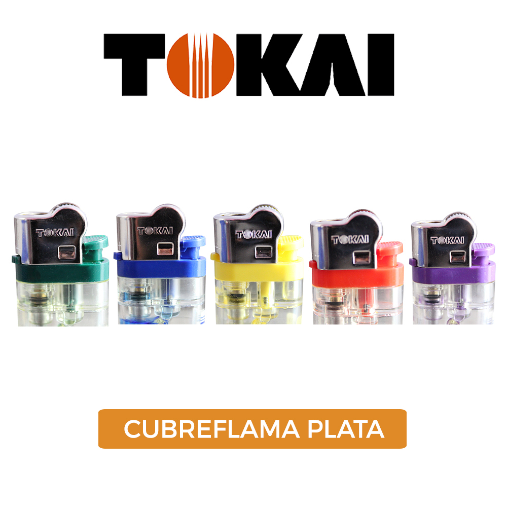 Encendedor TOKAI flama ajustable cuerpo transparente gas de color caja de 25 piezas cubre flama plata