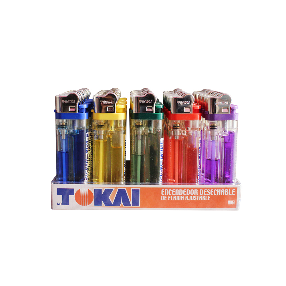 Encendedor TOKAI flama ajustable cuerpo transparente gas de color caja de 25 piezas cubre flama plata