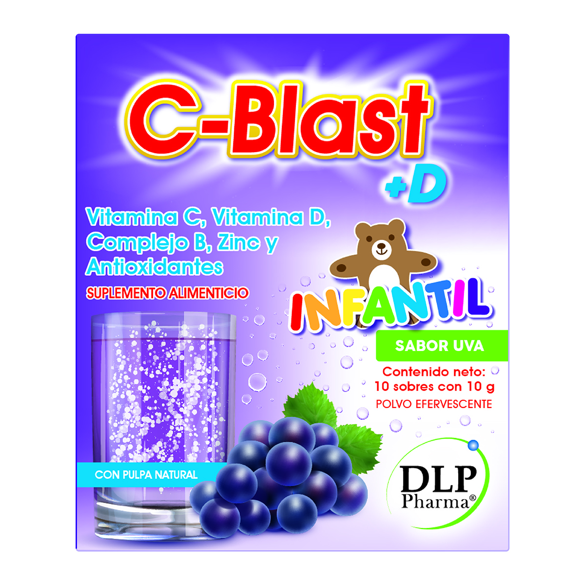 C-Blast+D INFANTIL sabor uva Vitamina C, Vitamina D, Complejo B, Zinc y Antioxidantes Polvo Efervescente (caja con 10 sobres)